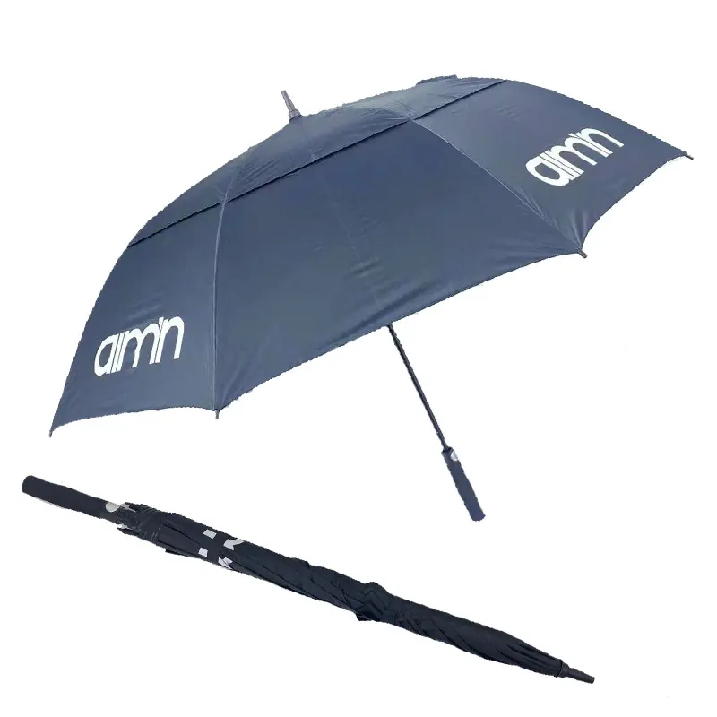 Paraguas de golf con revestimiento UV, accesorio que se abre automáticamente, con mango recto, logotipo personalizado, a prueba de viento, color negro