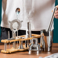 Kit de bar en acier inoxydable, outils à cocktails, support en bois, shaker à cocktails, ensemble de cocktails