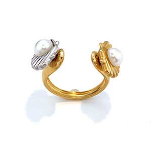 Bague ouverte ajustable tendance en acier inoxydable plaqué or avec incrustation de perles et coquillages étoile de mer, collection marine, bijoux pour femme - Product Image 6