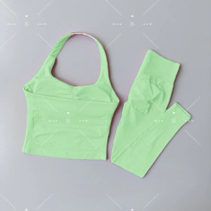 Set 2 Pezzi Pantaloni <span class=keywords><strong>Fitness</strong></span> a Vita Alta Color Pesca Tinta Unita Taglie Forti, Effetto Push-Up, in Spandex/Nylon, con Spalline Halter, Asciugatura Rapida, Lunghezza Intera - Product Image 6