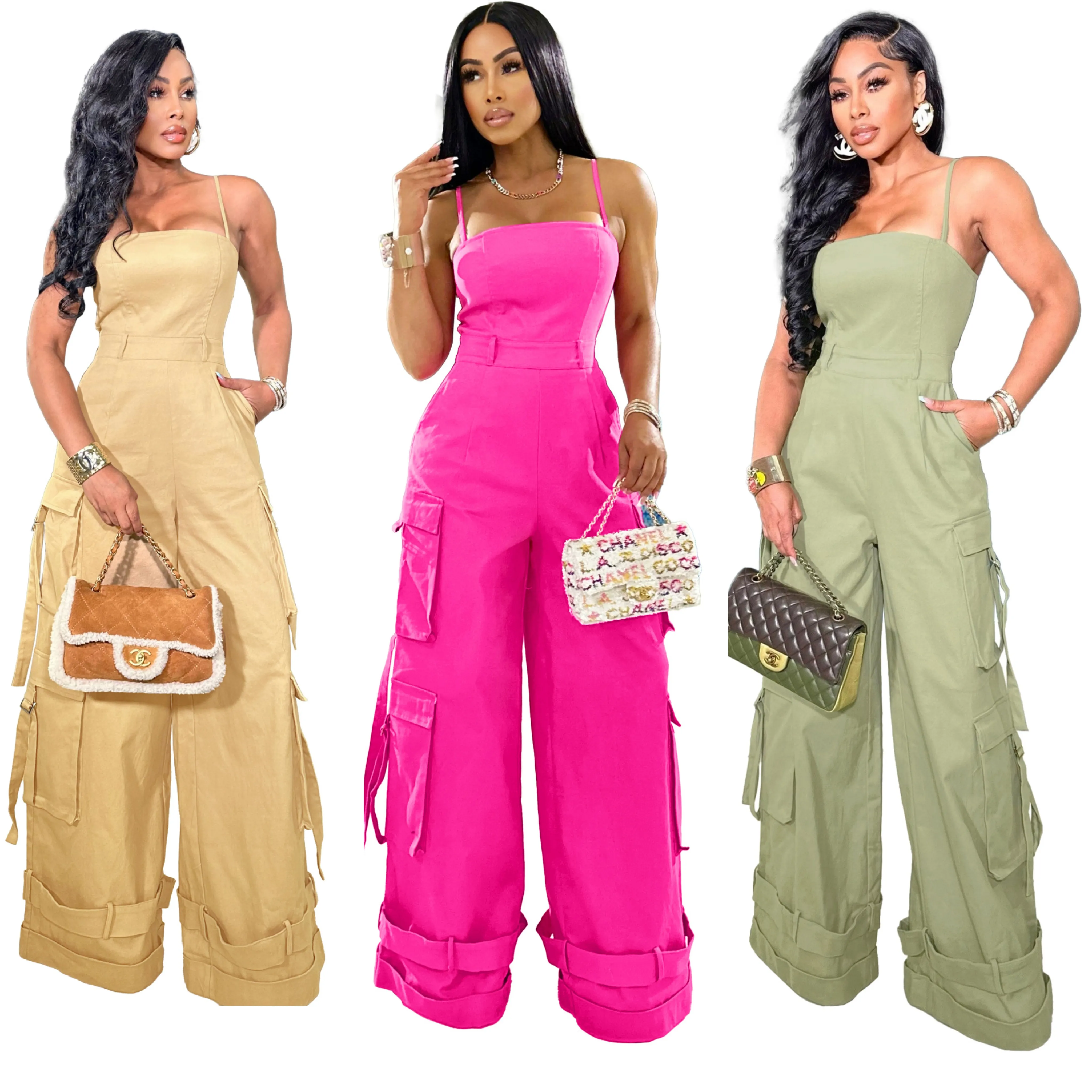 Fashion Streetwear Strapless Sleeveless Pocket Cargo Jumpsuits One Piece Romper Sexy Slip Tube Top Wide Leg Jumpsuit Women