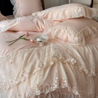 Parure de lit 4 pièces style Princesse Française en coton lavé couleur unie, avec housse de couette à volants en dentelle, douce pour la peau, haut de gamme