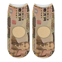 Chaussettes unisexes en coton décontractées en gros, impression par sublimation, devises USD EUR GBP YEN, respirantes, chaussettes de sol, chaussettes de lingerie