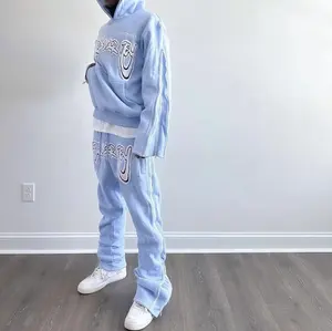 Custom Vintage Hoodie And Flared Pants With Zipper Two Piece Set Chenille Printing Sweatsuit Sun Faded Acid Wash Men Tracksuit