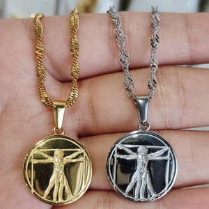 สร้อยคอสเตนเลสวินเทจสำหรับผู้ชาย,สร้อยคอวิทรูเวียนชุบทอง18K พร้อมจี้เหรียญทรงกลมแกะสลัก - Product Image 4