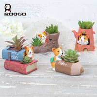 ROOGO Pot de fleurs créatif en résine Corgi empilable pour plantes succulentes avec trou de drainage, double compartiment, décoration de bureau