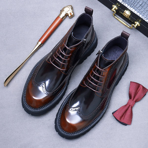 Bottes pour hommes en cuir véritable à bout carré gravé avec semelles épaisses antidérapantes et fonction de massage pour un usage professionnel et décontracté - Product Image 6