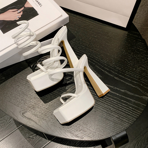 White Leather Wrapped Ankle on Sandals Fashion Platform Thick Heel Summer <b>Shoes</b> Concise Style Solid Colour <b>Shoes</b> for Women - Product Image 5