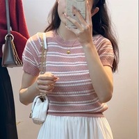 Kaus blus lengan pendek gadis kaus bergaris elegan kaus Sweater rajut untuk wanita atasan khusus ringan musim panas