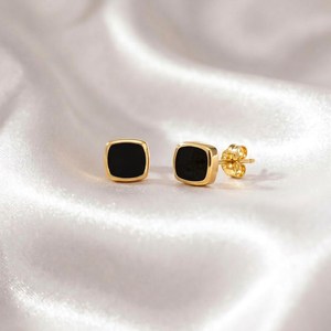 Minimalist Black Obsidian Flat Cushion <b>Stud</b> Earrings Double Sided Flat Natural Gemstone In 925 <b>Sterling</b> <b>Silver</b> Or 18K Gold - Product Image 3