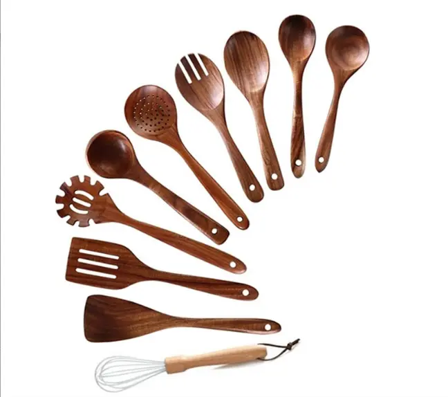 Hot Sale Reusable Food Grade Teak Household Spoon Spatula Fork Ladle Tong Turner Cooking Wooden Kitchen Utensil Set