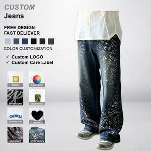 بنطلون جينز رجالي مخصص بالجملة بتصميم عتيق مغسول ومزين بالكريستال والألماس مع طباعة شاملة - Product Image 1