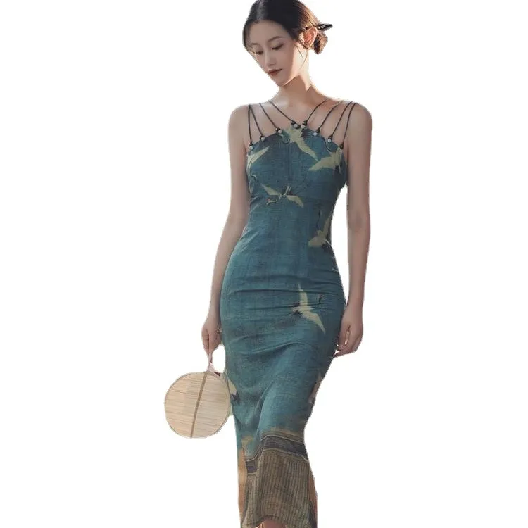 Jupe midi d'été pour femmes Taille haute Chaîne d'épaule Peinture ancienne Style ancien Amélioré Cheongsam Sun Petite robe d'extérieur