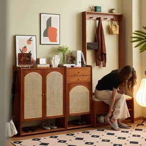 French Retro Solid Wood Rattan Shoe Cabinet With <b>Drawers</b> Space Saving Entryway Storage For <b>Small</b> Apartments Home Use - Product Image 1