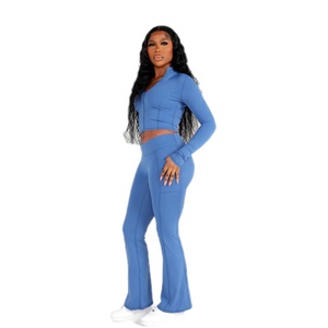 KY Conjunto de moda para mujer Chaqueta de manga larga con cremallera y cuello en V Pantalones acampanados de cintura alta 78% Nylon y 22% Spandex Tall Divas Blazer - Product Image 6