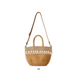 Sac à bandoulière en PU 30x20cm avec garniture en dentelle et pompons, sac fourre-tout - Product Image 1