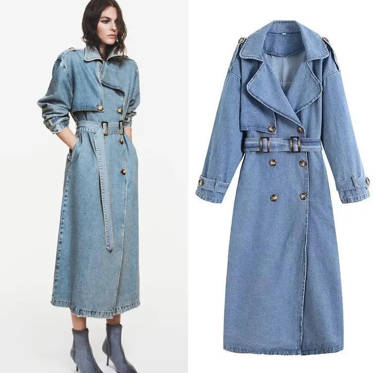 Spring 2024 Stylish Women'S Fashion Washed Blue Jacket Floor-Length Double-Breasted Long Denim Trench Coats For Ladies Women