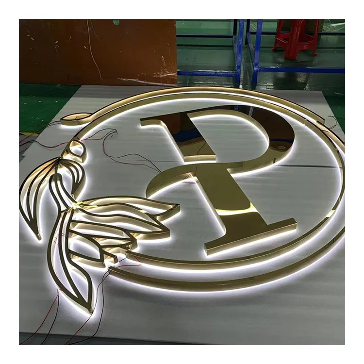 Personalizzato Color oro negozio in acciaio inossidabile marca Studio nome dorato 3D retroilluminato Logo segno