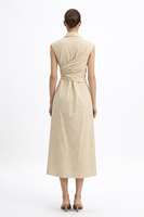 Robe chemise beige sans manches pour femme, design original personnalisé, élégante, taille croisée, robe midi, robes de luxe pour femmes de bureau, OEM