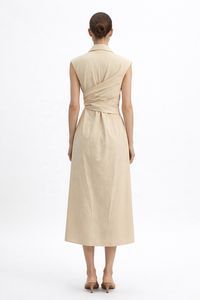 <span class=keywords><strong>Abito</strong></span> Camicia Senza Maniche Beige da Donna, Design Originale Personalizzato, Elegante Vestito <span class=keywords><strong>Midi</strong></span> con Vita Incrociata e Laccio, Abiti di Lusso per Ufficio OEM - Product Image 2