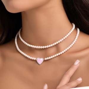Pearl <b>Necklace</b> With Pink Heart Charm Gold Plated Stainless Steel Sustainable Resistant Jewelry For Women - Product Image 3