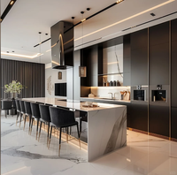 Ensemble de cuisine contemporain haut de gamme avec grand îlot en marbre |   Armoires murales finition gris mat avec éclairage LED