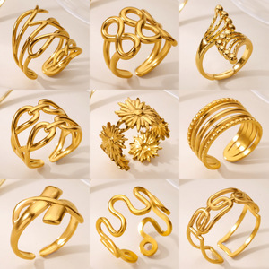 Stainless Steel 18K Gold Plated Design Sense Line Wave <b>Ring</b> Geometric Versatile <b>Open</b> Adjustable Finger <b>Ring</b> For Women - Product Image 2