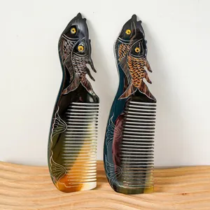 Peigne à cheveux en corne de buffle naturelle sculpté à la main en forme d'animal, écologique, antistatique, décoratif, pour le soin des cheveux, lot en gros - Product Image 6