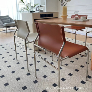 Silla de comedor estilo italiano vintage, de acero inoxidable, con asiento de cuero, diseño minimalista para sala de estar - Product Image 1