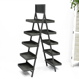 Vintage Industrial Antique Metal Flower Stand Galvanized Ladder Design <strong>Garden</strong> Folded Flower <strong>Shelving</strong> With Blackboard for Plants - Product Image 1