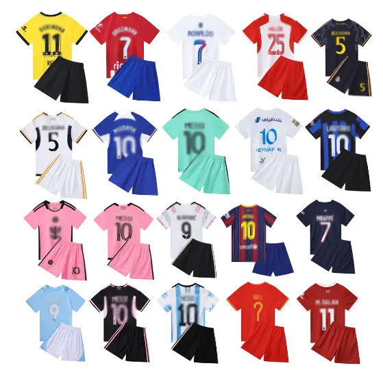 Camisa de futebol infantil com nome personalizado tailandês, uniforme de futebol infantil de qualidade da Tailândia, temporada 2024/25, com shorts