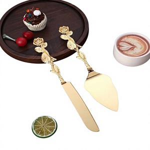 Amson Brass Golden Stainless Steel <b>Cake</b> <b>Server</b> Set Flower Design Handle Dishwasher Safe for Wedding Birthday Parties - Product Image 1