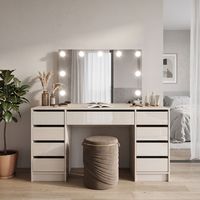 Ensemble de coiffeuse moderne et durable pour chambre et salon, avec éclairage LED intégré, tiroirs de rangement et tabouret ottoman en MDF