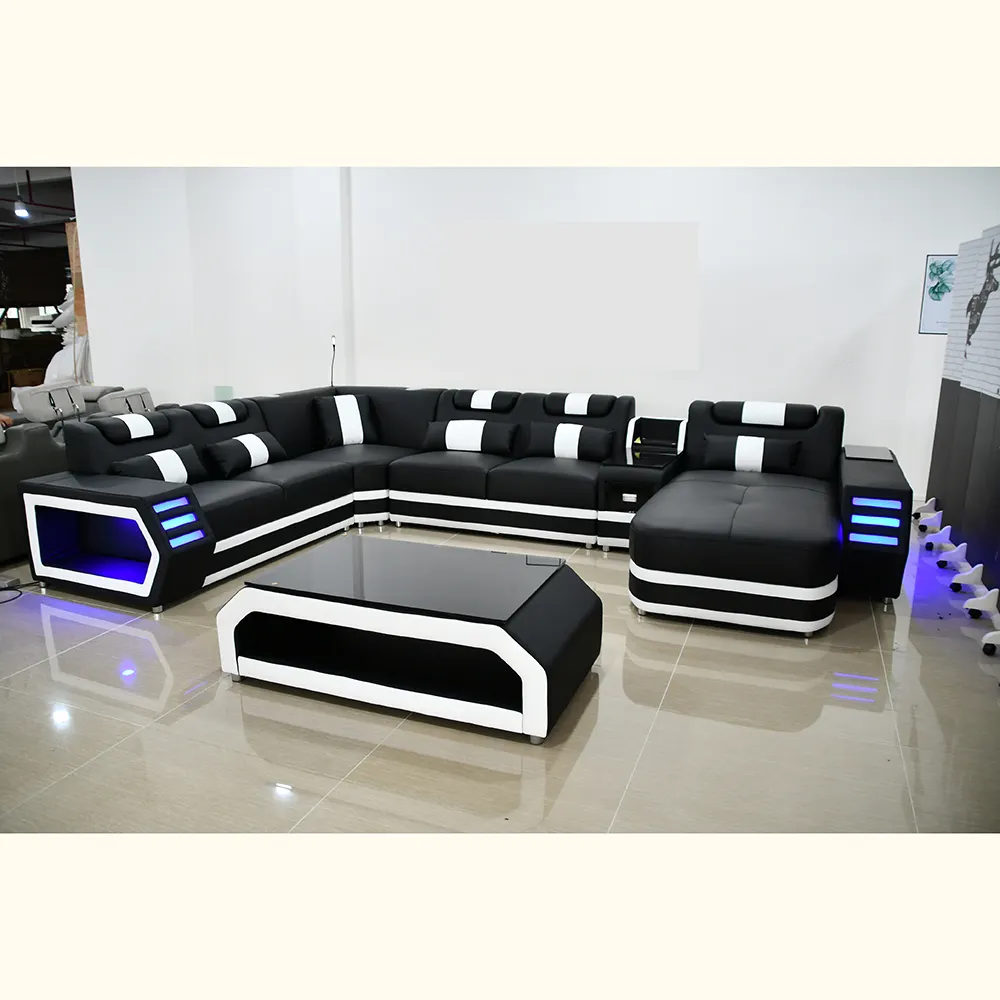 Sofá Seccional de cuero auténtico con forma de U, muebles modernos para sala de estar, con pieza de diván