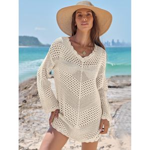 FOXA Vestido de ganchillo para playa, cuello en V, manga larga, de punto de malla, calado, cintura holgada, acrílico, ropa de vacaciones 2026 - Product Image 3
