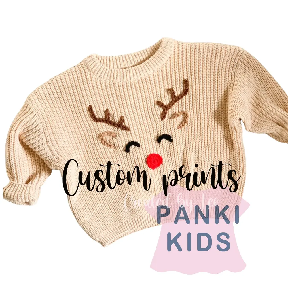 Pankai Fabriek Hand Geborduurde Baby Peuter Rendier Oversized Gebreide Trui Gepersonaliseerde Kerst Meisjes Jongens Truien