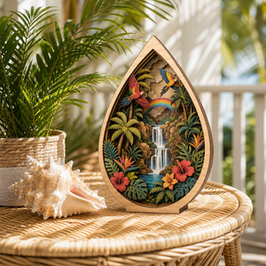 Shadowbox Personalizado con Diseño de Paraíso Tropical en Forma de Lágrima |   Escena de Cascada de Hibisco <span class=keywords><strong>y</strong></span> Macaw Cortada con Láser en Madera Contrachapada de Álamo Multicapa - Product Image 5
