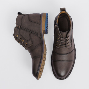 Botas de cuero marrón con punta redonda y cordones, suela de goma, para todas las estaciones, envío directo - Product Image 2
