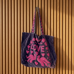Wholesale Custom Handmade Purple Velvet Tote <b>Bag</b> Featuring Pink LOVE Lettering Doves <b>Hearts</b> and Floral Applique Embroidery Chic - Product Image 6