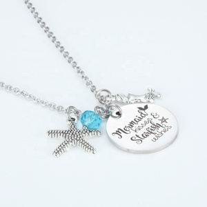 Mer Plage Sirène Lettrage En Acier Inoxydable Sirène Étoile De Mer Étoile De Mer Pendentif Rond Collier "Sirène Bisous & Étoile De Mer Souhaits" - Product Image 4