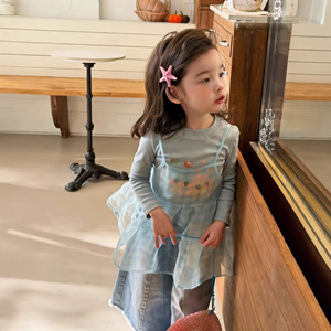 Girls Round Set Layered Mesh Suspender Dress With Base Layer And Jeans Breathable Mid Waist For Spring Summer - Product Image 4