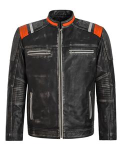 Chaqueta de Hombre Personalizada 100% Cuero Nappa Negro Vintage Genuino con Detalles de Correa Naranja, Acabado Suave, Cremallera YKK, Marca Privada - Product Image 2