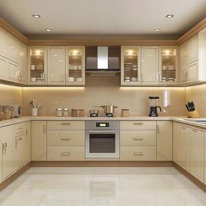 Armoire de cuisine de style français classique, porte en verre, placage de luxe, structure en MDF, évier intégré, accessoires de tiroir de cuisine - Product Image 1