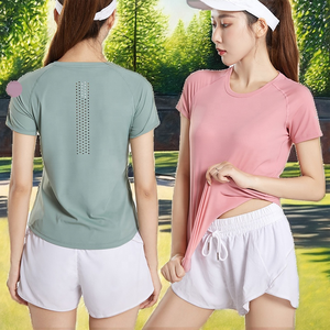 Haut de sport d'été personnalisé pour femme avec logo imprimé par transfert thermique, séchage rapide, extensible, en Spandex/Nylon, manches courtes, maille respirante - Product Image 2