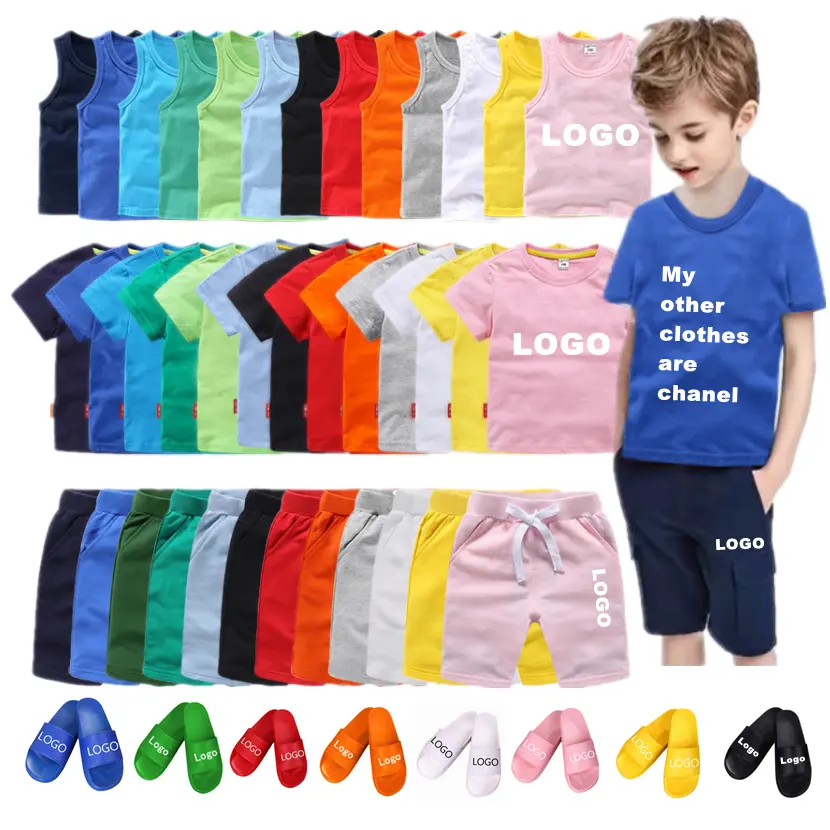 Conjunto de logotipo personalizado para crianças, conjunto de roupa infantil unissex de verão em atacado com logotipo personalizado