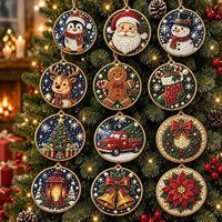 Kit de peinture de perles de Noël sur base en bois de 8 cm, ensemble d'ornements suspendus DIY, motifs variés pour la décoration de l'arbre, vente en gros