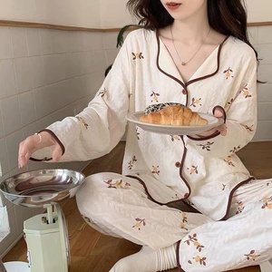 Bộ đồ ngủ hoạt hình nữ, áo sơ mi cổ trụ cài khuy đơn + quần dài ống rộng, bộ đồ ngủ mùa xuân thu thường ngày cho nữ - Product Image 3