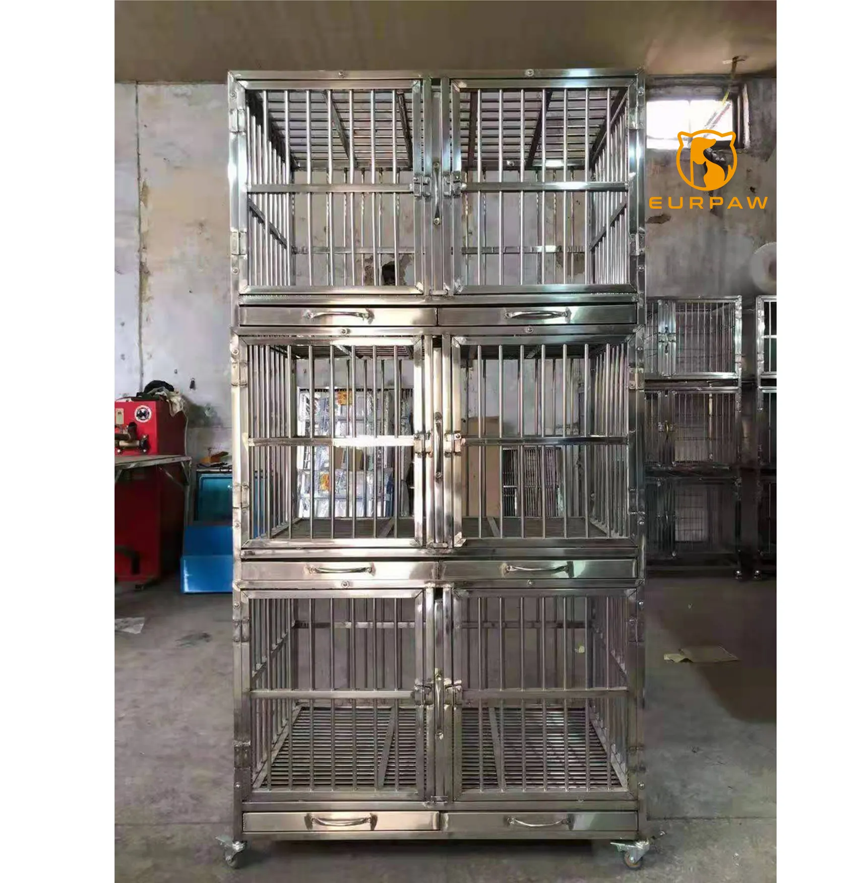 EURPAW 304 נירוסטה 3 שכבות 6 דלתות לחיות מחמד מתקפל כלוב שונים גדלים חתולים וכלבים כלוב