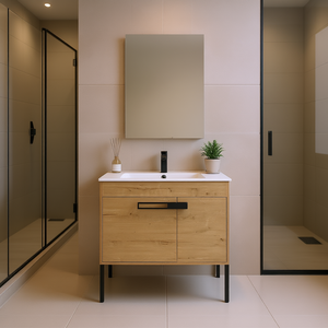 Meuble-lavabo autoportant 36 pouces en bois au design minimaliste avec vasque en céramique et miroir sans cadre - Product Image 2