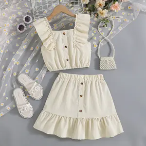 2023 New Summer Solid Color Cami Strap Tops Mini Skirt 2 Piece Set Kids Girls Boutique Skirt Clothes Sets